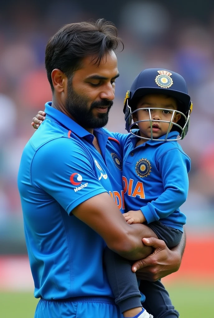 A men hold a 2 year baby in Indian cricket team blue color jersey and cricket helmet