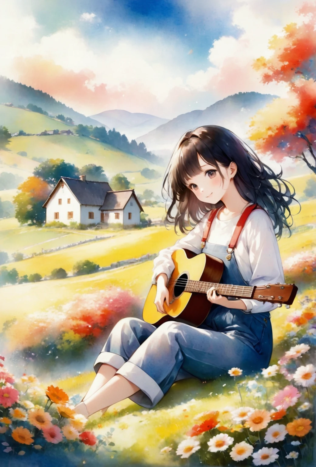 Picture of a smiling girl sitting in a field and playing the guitar, Beautiful Anime, Anime countryside landscape, Beautiful peaceful scene in anime, Anime Cover, Art Cover, arte koto no ha no niwa, Girl playing guitar, Landscape painting, beautiful sunflower, koto no ha no niwa, Official artwork, Anime Background Art, In the countryside, LOFI Girl