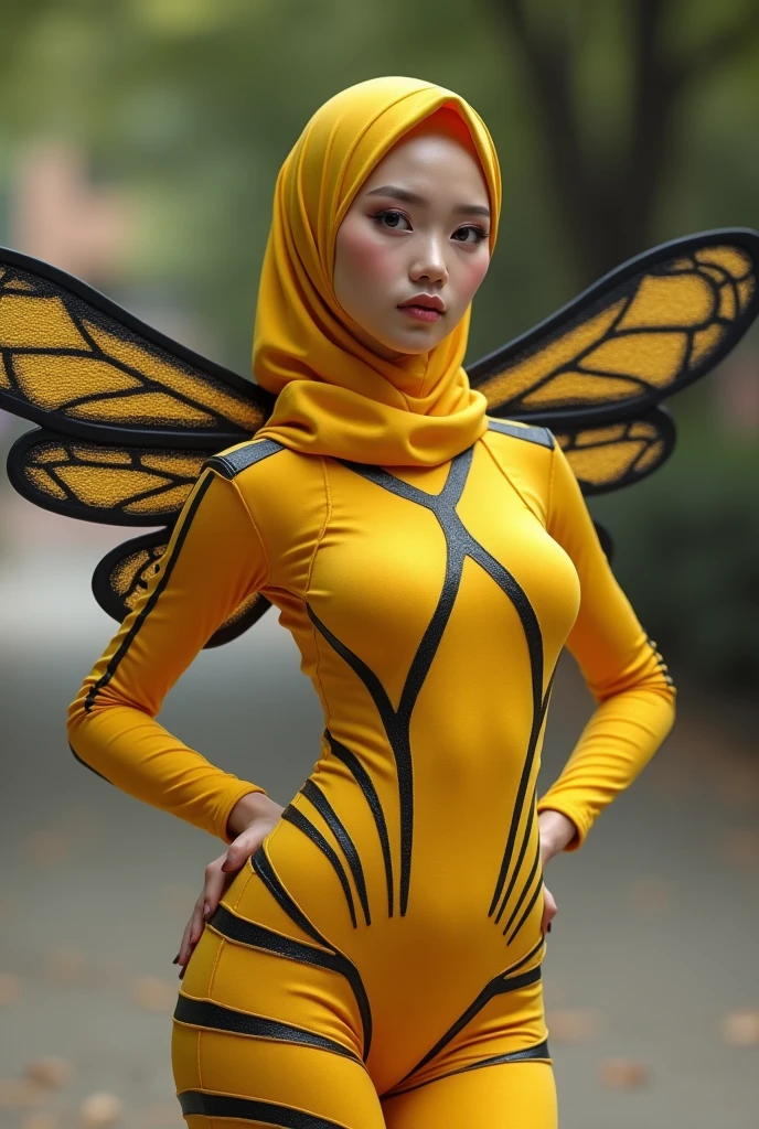 the beautiful,slender thin and prettiest Asian muslimah adult girl with beautiful cheeks wears striped yellow bee lycra turtleneck unitard catsuit covered with seamless black stripes with a pair of bee costume wings and always wear bee lycra elastane stretchy dance wear hijab covered with seamless stripes with antennae.She is crying.