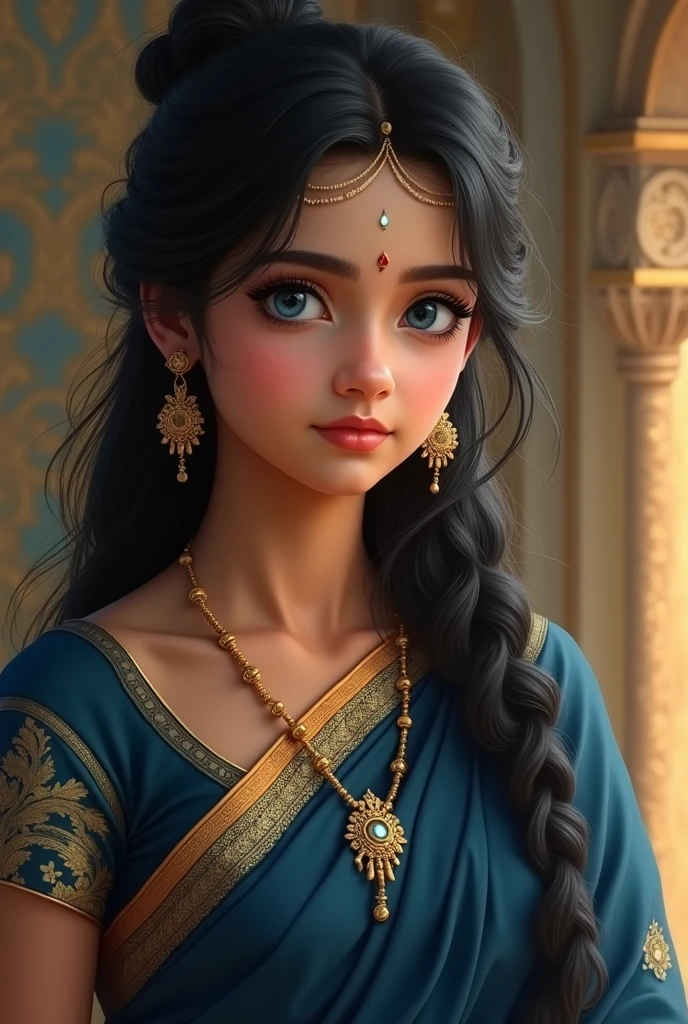 Radharani with white skin tone and shining blue eyes like sun, 14 year old , in dark blue saree, black hairs, hairs tied in indian way, innocent face, with powerful effulgence, mercyful, most beautiful