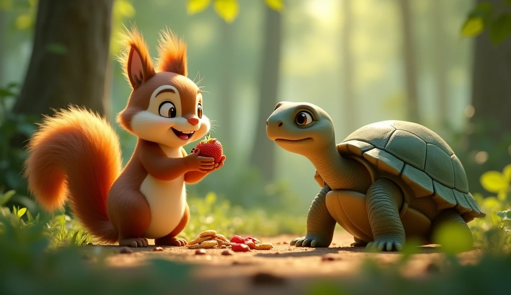 • make 3d realistic animated image of "• He(squirrel) also made sure to share his food with others, remembering how Shelly(an old turtle)had helped him when he was in need.
Prompt: Nutty, happily sharing his stored food with other forest animals, ensuring everyone has enough. Shelly watches proudly from nearby, smiling at Nutty’s generosity.