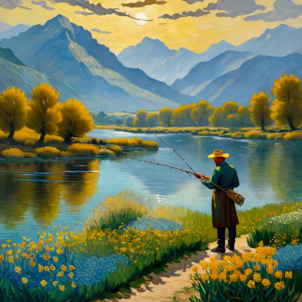 traditional oil paintings, A peaceful lake，Calm waters，Mountains in the background，Misty atmosphere，Sunlight through the clouds，Wildflowers around the lake，A  man standing on the shore fishing scene，Natural Tones, Superb composition，Elegant simplicity，Smooth Shadows, meditative mood，masterpiece, best quality,((Inspired by: Vincent Willem van Gogh ))