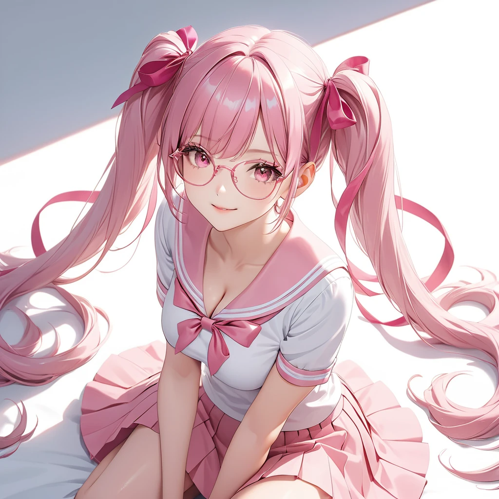 (8K, masutepiece, Best Quality, Official art, Breathtaking beauty and aesthetics, highly beautiful lighting, highly beautiful detailed), (1 Girl, Solo), (), (beautiful detailed face), (shiny white skin), (Beautiful big bust, cleavage, thighs, navel focus:1.3), (beautiful detailed pink twin tails hair, Bangs:1.3), (beautiful detailed drooping pink eyes:1.5), (pink glasses:1.3), (high school uniform:1.3), (patsel pink sailor collar, white short sleeves short length outing shirt, pastel pink pleated skirt, patsel pink ribbon:1.3), (happy smile:1.2), (Attractive, sensational, look at the camera, cute pose, lying, lie on her back, from above:1.3), (simple white plain background:1.5),