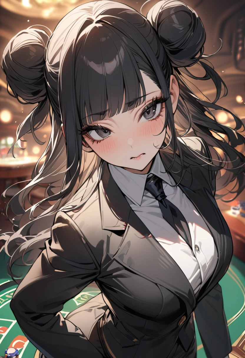 ((best quality)), ((Masterpiece)), (details), Young woman, alone, (Medium bust, black hair, black eyes, ((long hair, buns)) ,(Bangs),Hip fart,Long eyelashes,Thick eyelashes) , (Casino croupier),((Casino Uniform)),Tuxedo,vest,jacket,tie