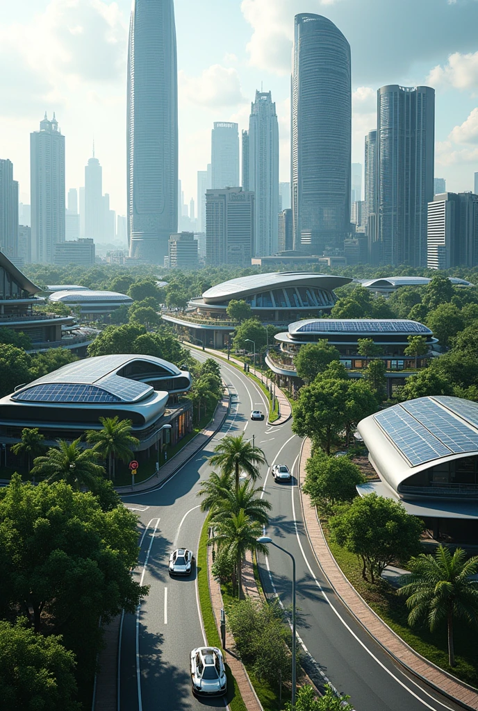 Create me a very cool town that is in Malaysia but there's a lot of solar panels that are powering the huge tall and small buildings and make the cars a little bit futuristic and make the houses more modern futuristic MORE HOUSES AND TALL BUILDINGS AND FUTURISTIC MODERN STREETS.From a high view of the town