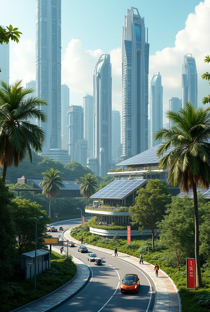 Create me a very cool town that is in Malaysia but there's a lot of solar panels that are powering the huge tall and small buildings and make the cars a little bit futuristic and make the houses more modern futuristic MORE HOUSES AND TALL BUILDINGS AND FUTURISTIC MODERN STREETS.From a high view of the town