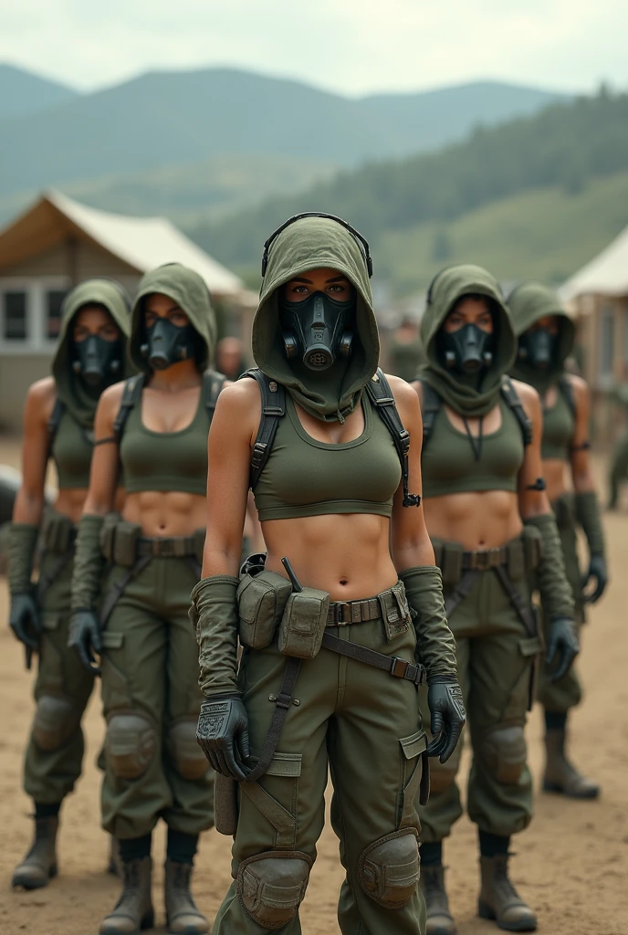 A group of female soldiers resting in the military camp, wearing a green bra, Hooded on head、Gas Mask、Gloves、pennies, Knee pads,Write details、masterpiece、best quality、Highly detailed CG、8K picture quality