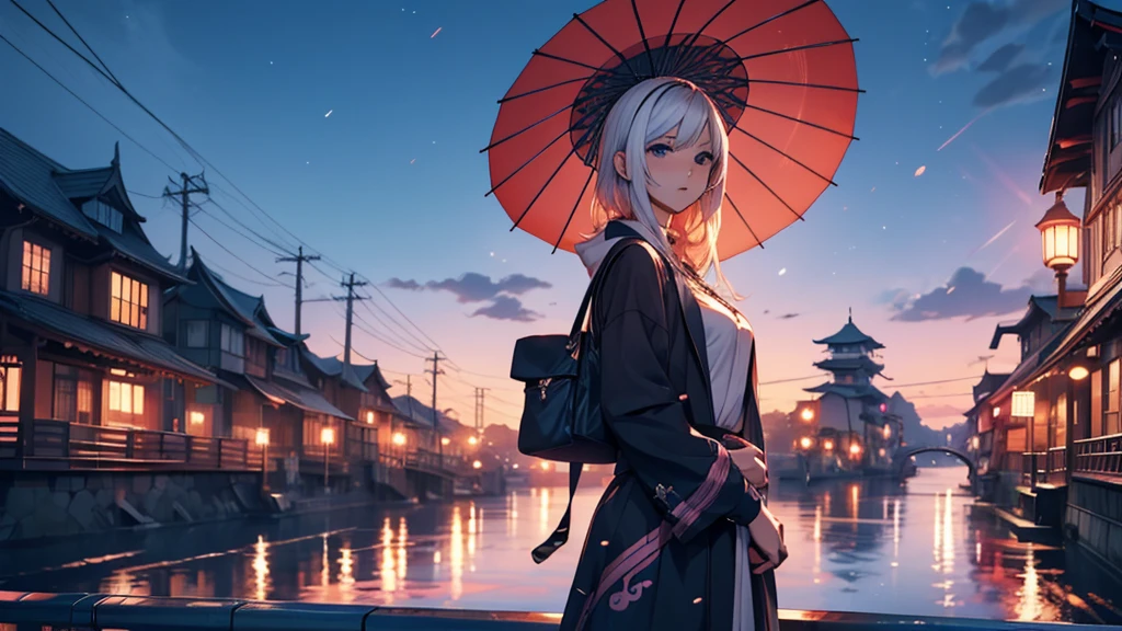 A woman wearing headphones stands on a railing overlooking a river, Anime Style 4 k, anime wallpaper 4k, anime wallpaper 4k, 4k anime wallpaper, anime art wallpaper 4k, anime art wallpaper 4k, Anime Style. 8k, Anime atmosphere, Ultra HD Anime Wallpaper, Anime Art Wallpaper 8K, Anime Background,umbrellaをさしている、umbrella、Umbrella