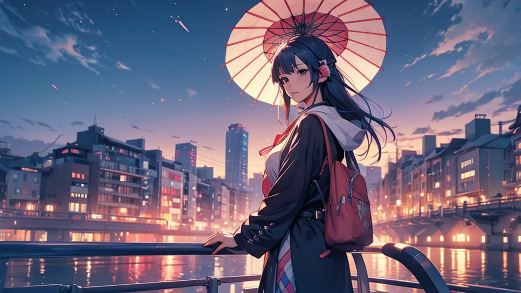 A woman wearing headphones stands on a railing overlooking a river, Anime Style 4 k, anime wallpaper 4k, anime wallpaper 4k, 4k anime wallpaper, anime art wallpaper 4k, anime art wallpaper 4k, Anime Style. 8k, Anime atmosphere, Ultra HD Anime Wallpaper, Anime Art Wallpaper 8K, Anime Background,umbrellaをさしている、umbrella、Umbrella