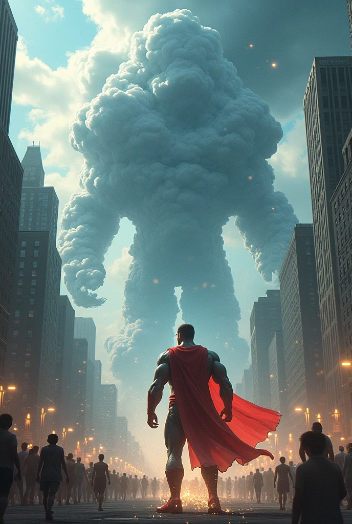 a superhero fighting & saving a city from a giant cloud monster