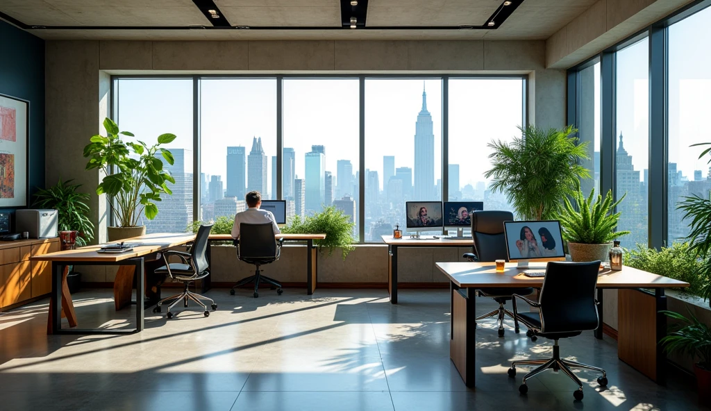 High-quality photograph of a web development studio with a modern minimalist design. The interior includes concrete, Wooden elements, plants and panoramic floor-to-ceiling windows. The office is located on the 81st floor in New York.. A couple of tables with monitors and chairs. Programmers and designers are at their workplaces. Each person has their own individual work place that reflects their personality and is different from others.. They are randomly arranged.. 