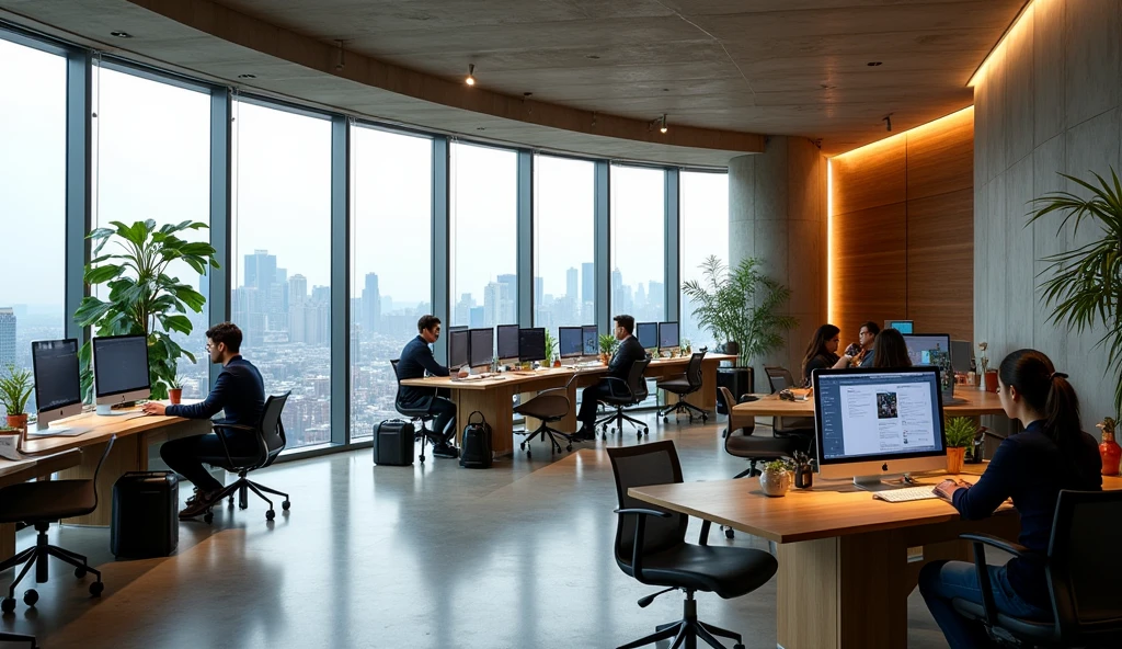 High-quality photograph of a web development studio with a modern minimalist design. The interior includes concrete, Wooden elements, plants and panoramic floor-to-ceiling windows. The office is located on the 81st floor in New York.. A couple of tables with monitors and chairs. Programmers and designers are at their workplaces. Each person has their own individual work place that reflects their personality and is different from others.. They are randomly arranged..