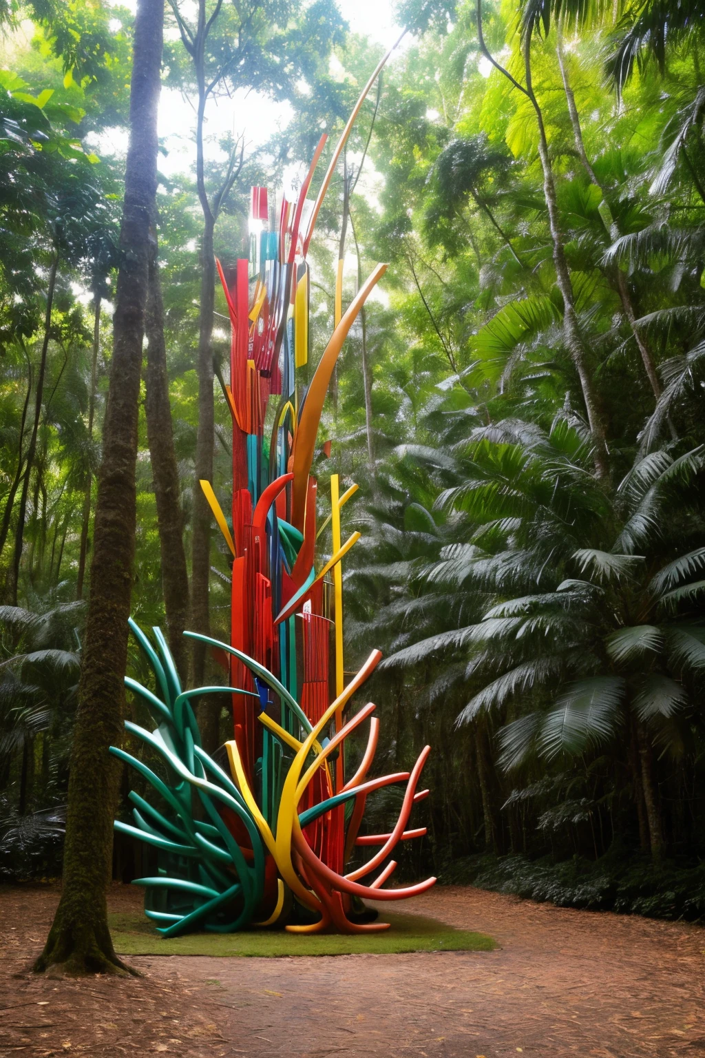 ((best qualityer)), ((work of art)), (detailded), sculpture in the middle of the forest, large sculpture with organic shapes made of colored metal and recycled material, sculptural, the forest is tropical Brazilian dense forest and Adam's ribs in front a wooden bridge with winding curves
