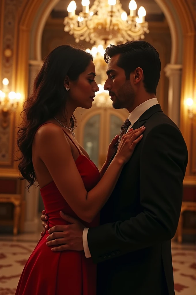 Create an image of an indian girl Saranya living in Valery Kogan's Caesara mansion withMalaysia's young famous politician Syed Saddiq...putting her hand on his cgest while looking at his eyes.