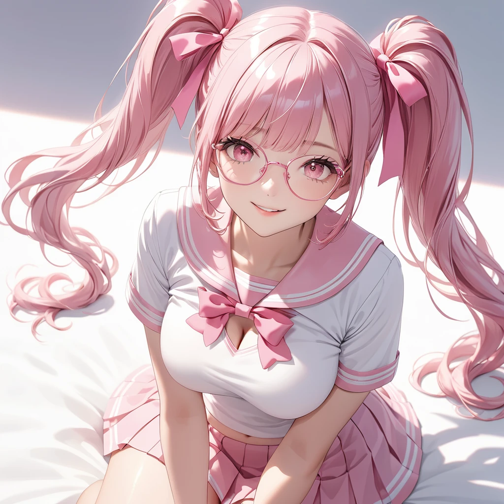 (8K, masutepiece, Best Quality, Official art, Breathtaking beauty and aesthetics, highly beautiful lighting, highly beautiful detailed), (1 Girl, Solo), (sixteen years old), (beautiful detailed face), (shiny white skin), (Beautiful big bust, cleavage, thighs, navel focus:1.3), (beautiful detailed pink twin tails hair, Bangs:1.3), (beautiful detailed drooping pink eyes:1.5), (pink glasses:1.3), (high school uniform:1.3), (patsel pink sailor collar, white short sleeves short length outing shirt, pastel pink pleated skirt, patsel pink ribbon:1.3), (happy smile:1.2), (Attractive, sensational, look at the camera, cute pose, lying, lie on her back, from above:1.3), (simple white plain background:1.5),