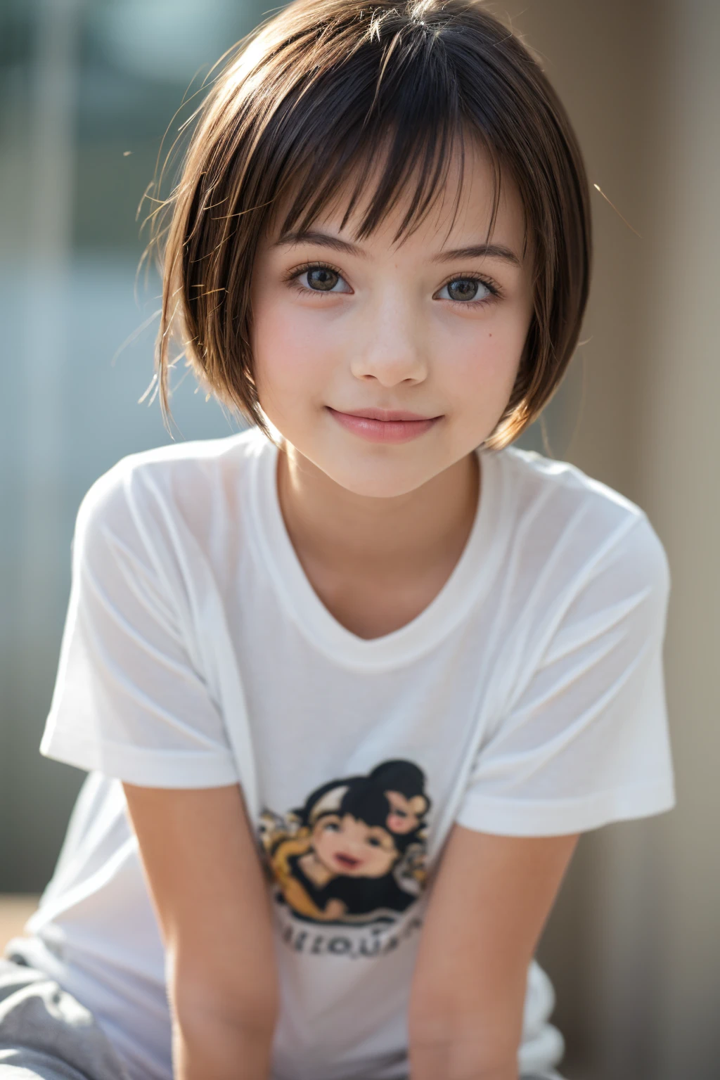(masterpiece:1.5),(best quality:1.5),super quality,ultra detailed,extremely detailed,highers,high-resolution,Raw Photo,1girl,(13-year-old:1.3),japanese girl,bangs,depth of field,short hair,front view,(little female:1.4),black cotton shorts,(see-through white t-shirt:1.1),stylish_pose,pajamas,smile,black hair,
