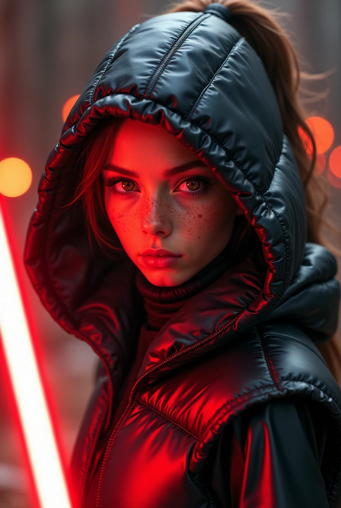a slim ponytail 16 year old angry sith wielding her bright lightsaber, she is battling her slim nemesis,beautiful detailed bright fire-eyed eyes,beautiful freckles,beautiful detailed lips,extremely detailed eyes and face,longeyelashes, wearing beautiful detailed skintight airtight covering-head hooded armored formfitting duvetica overfilled overinflated shiny hyper gleamy thick hyper glossy puffervest covering over her padded high-collared pufferjacket, glossy latex leggings,symmetrical,masterpiece,cinematic,lifelike,hyperrealistic,8k,photorealistic,highly detailed,intricate,exquisite,elegant,beautiful,stunning