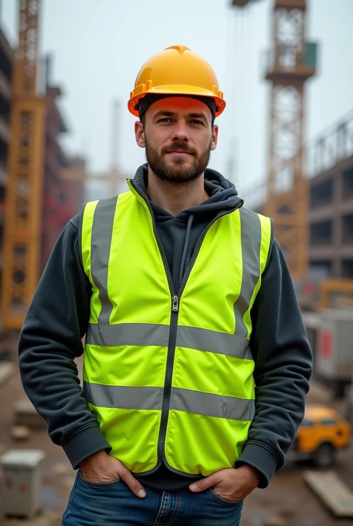 Construction worker wearing reflector and helmet written V.M. GROUP LIMITED