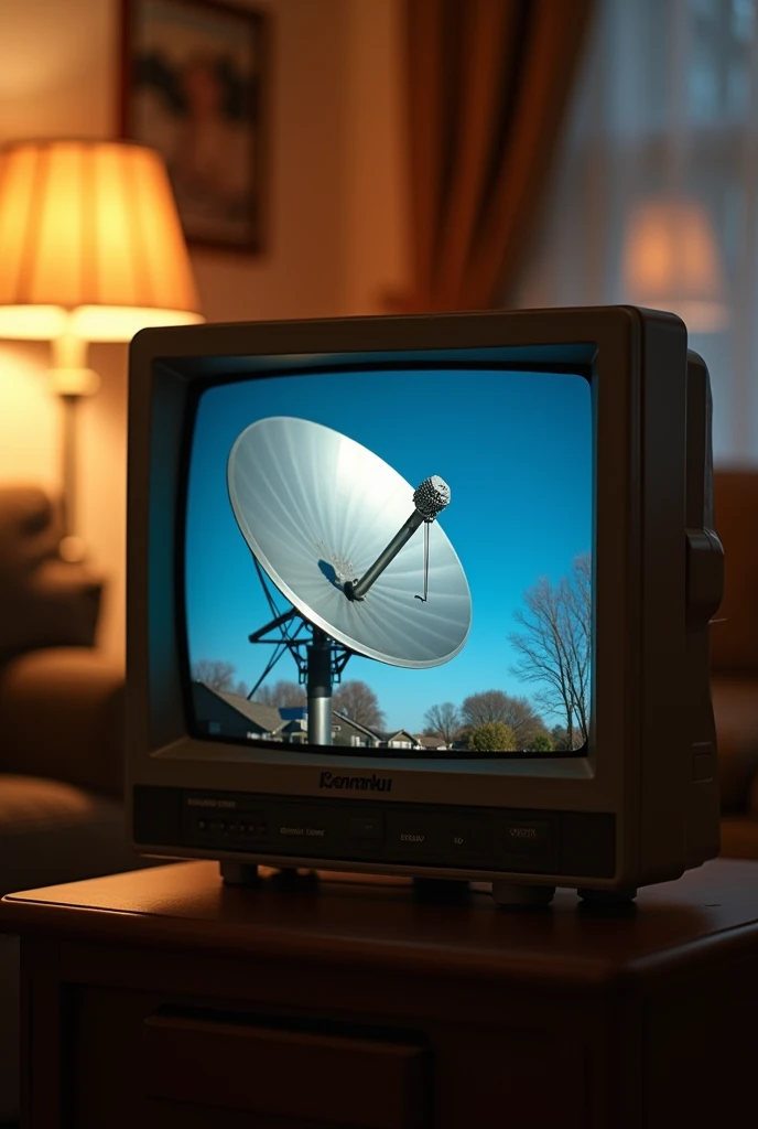 Photo of a conventional analog satellite dish on a small screen in a house