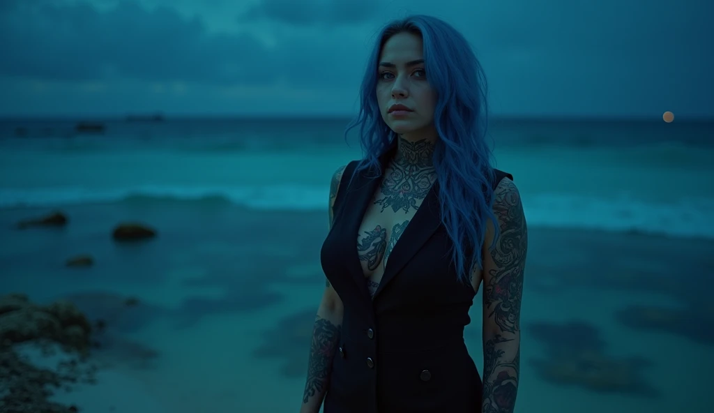 tatuados,Very beautiful big breasts、business suit、(Carrying an AK-100)(Very large bust),(Many tattoos on both arms and neck)、 (Late Night on Australia's Great Barrier Reef - Snorkeling and Diving on the World's Largest Coral Reef),Candlelight only,Very detailed, 18-year-old, A beautiful woman,Depressed face, Blue Hair,Wavy Hair, blue eyes, High resolution, masterpiece, Highest quality, Intricate details, Very detailed, Clear focus, Delicate skin, practical skin texture, texture, Delicate eyes, Professional, 8k, Sad face,despair、 Shot with Canon, 85mm, Shallow and deep, Kodak Vision Color, Exactly, Very detailed, photograph_\(Extremist\), photographpractical, practical, Post-processing, Maximum details, Roughness, Real Life, Extremist practical, Photorealism, photographgraphy, 8k ウルトラ HD, photographgraphy