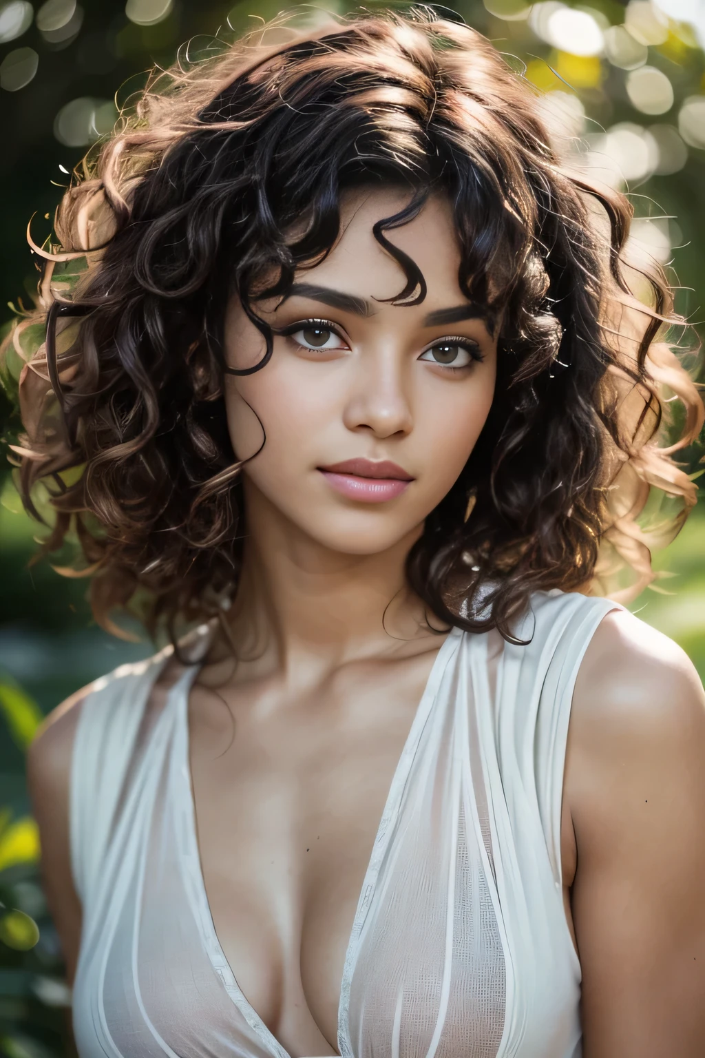 work of art. best qualityer, young man with dark skin, green eyes and curly hair posing for a photo, soft portrait photographed in 8k, beautiful young, beautiful portrait image, photo of a beautiful woman, perfect face and eyes, beautiful face portrait, beautiful young woman, beautiful portrait photo, beautiful model girl, Extremely beautiful face, very beautiful young woman, beautiful model , beautiful portrait lighting 8k uhd, dslr, high qualiy, film grain, Fujifilm XT3