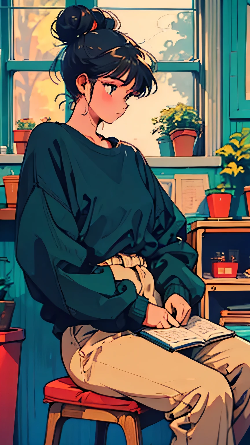 1girl, overview, plant, cat, cup, sitting, potted plant, laptop, hair bun, solo, computer, single hair bun, table, wide shot, long sleeves, black hair, stool, holding cup, holding, indoors, chair, flower, window, aqua shirt, air conditioner, sweater, shirt, bowl, electric fan, short hair, mug, profile