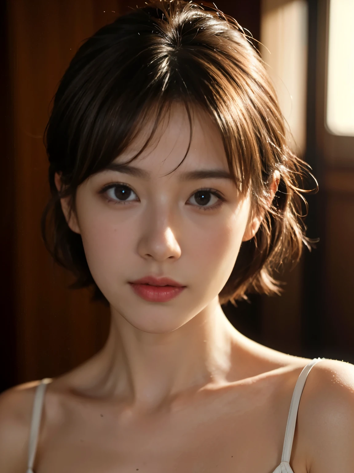 (Realistic:1.4)、(超Realistic:1.4)、(Realistic:1.3)、(Gentle lighting:1.05)、(Improving cinema lighting:0.9)、32K ...、（very short brown hair）one person&#39;s、Realisticな照明、Backlight、Ray Tracing、(Image Enhancement:1.4)、(Highest Quality Real Skin:1.4)、(Beautiful skin texture: 1.1)、（Japanese:1.2）、（Black latex suit 1.5）、Shoulder out、Underarm、Black latex gloves、（standard body type:1.2）、Curvaceous body, White Background, big, Every detail