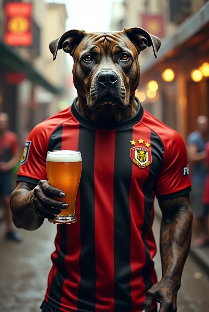 pitbull wearing flamengo shirt drinking beer