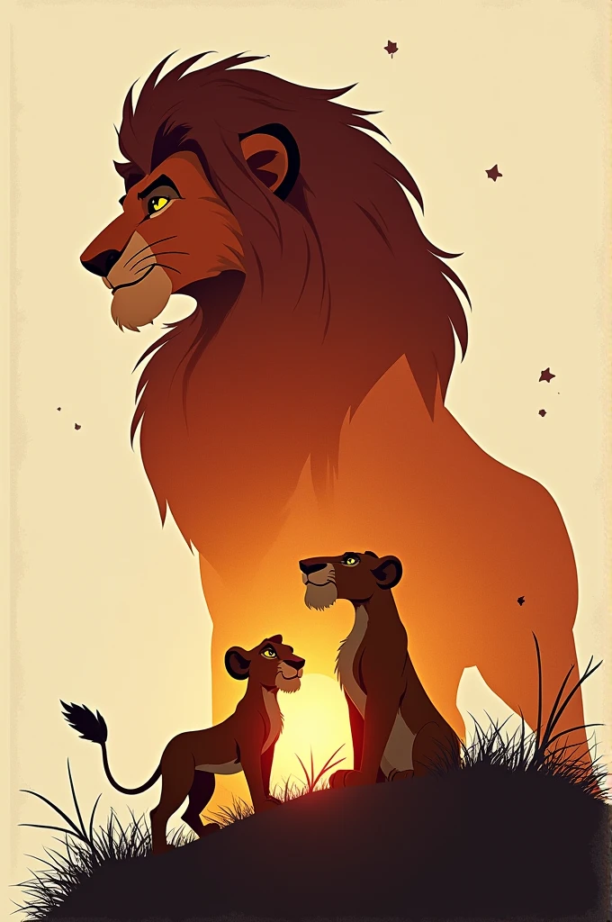 Make a double exposure photoshop poster of the Lion King movie that has Mufasa in it, Timon and Pumba