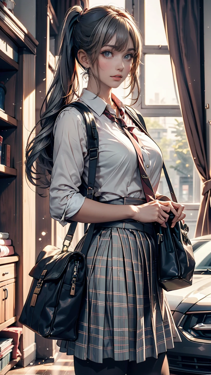 One person(24-years-old), Are standing, deadline_hideadlinex style, Home, school uniform, school bag, Twin tails, car, carrying bag、Silver Hair、Twin tails
