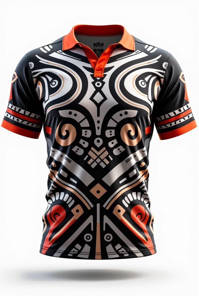 Create rugby jersey maori Samoa tribe full pattern black white red retro black orange collar white background front and back design side by two side clear design