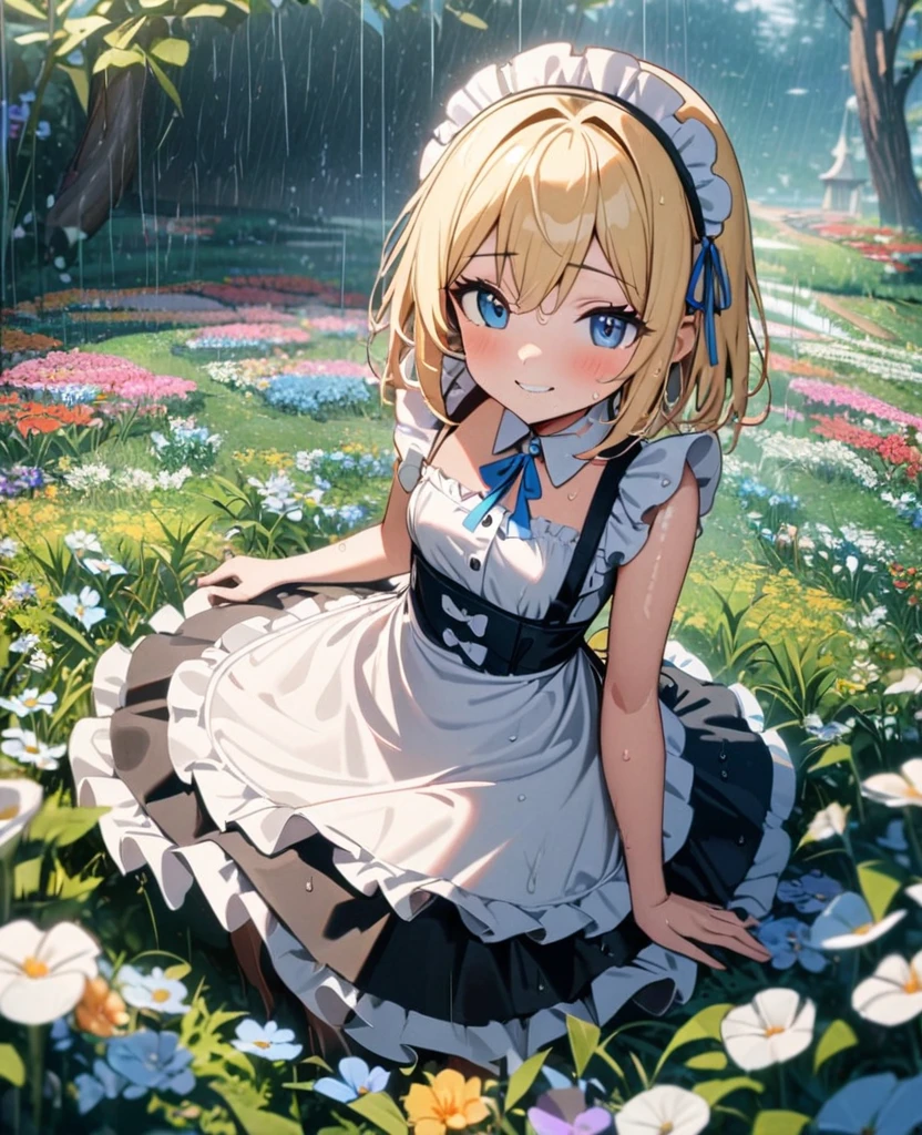 (8k, super high quality, masterpiece), (detailed), One Woman, Small breasts, blonde, cute, A little longer, Blue ribbon, Apron dress, Maid clothes, Fantasy, Paradise, wood, Flower Field, rain, 天気rain, sunny, Wet, Date, like, The best smile, Mouth is open, 