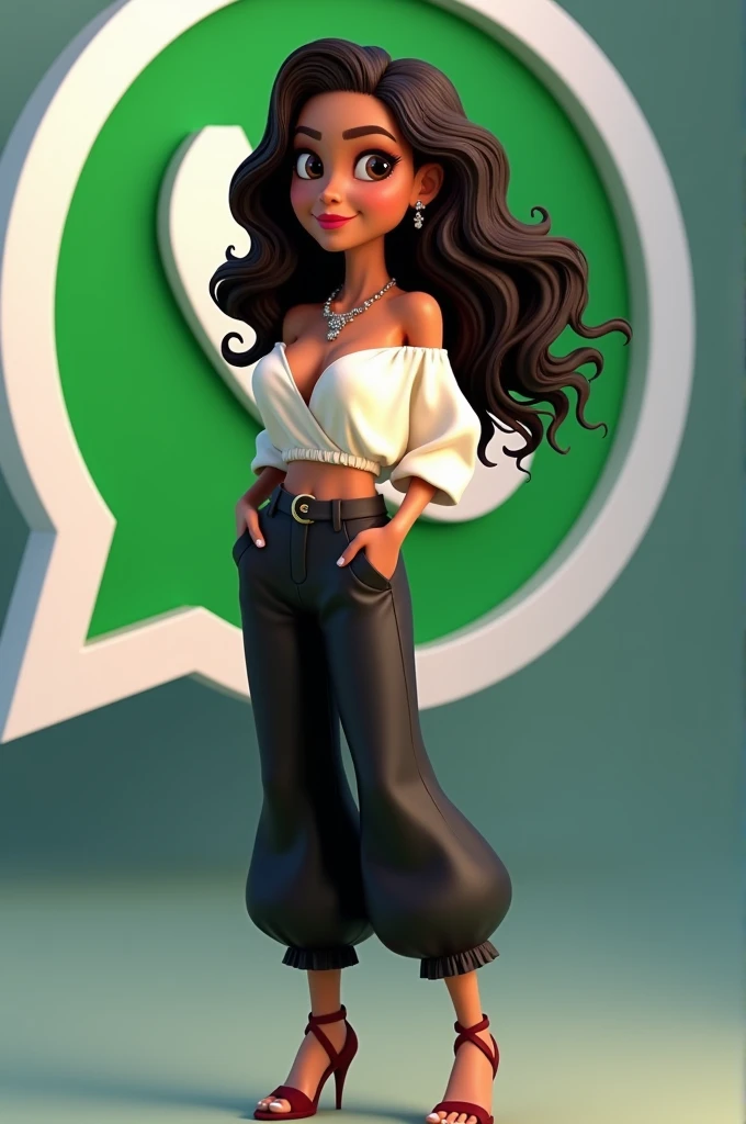 create a 3D illustration of an animated character of a beautiful 38 year old woman,long curly hair with highlights at the ends, Morena escura,eyes black,the character must wear elegant clothes,how to wear black high-waisted cirre pants,loose off-the-shoulder gypsy crop top in white,high acrylic jump painted sandals,she is standing next to a social media logo *whatsapp *,the character's background is an image from their profile page *whatsapp * co. The profile name and a profile picture matching the character.
