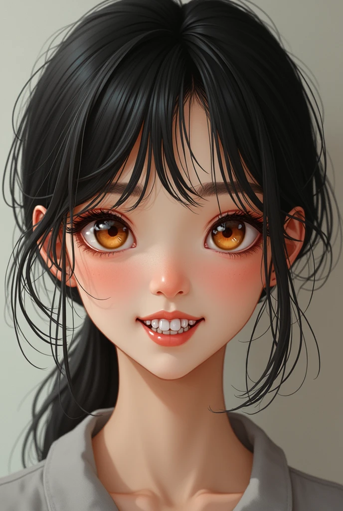 Description of a girl of average weight, black and brown hair, thin eyebrows, medium-sized honey-colored eyes, average nose, average mouth, and fake teeth.