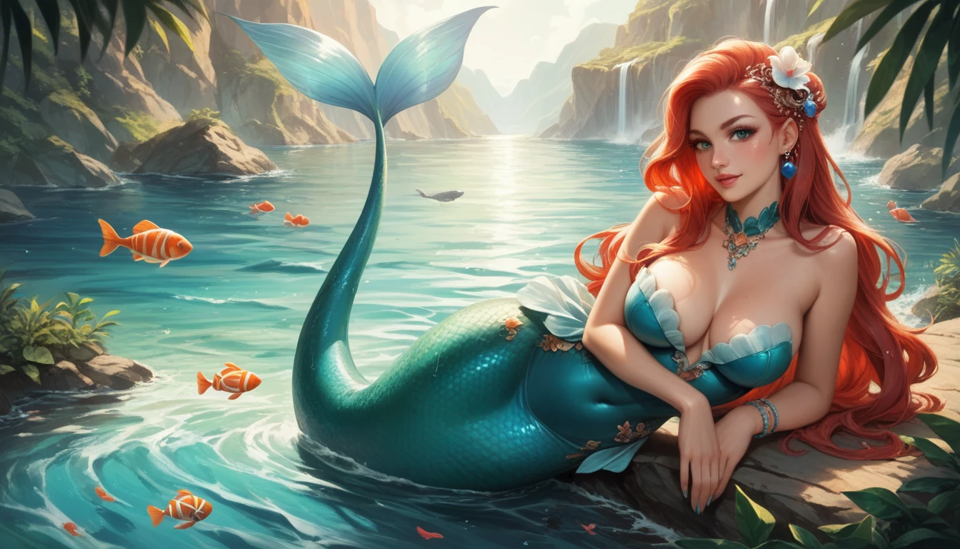 Perfect mermaid with a very beautiful perfect fish tail, beautiful and perfect face, She has a very pretty hair ornament with beautiful curves