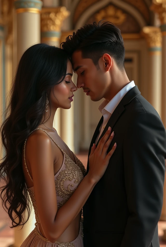 Create an image of an indian girl Saranya living in Valery Kogan's Caesara mansion withMalaysia's young famous politician Syed Saddiq...putting her hand on his cgest while looking at his eyes. That is not Syed Saddiq