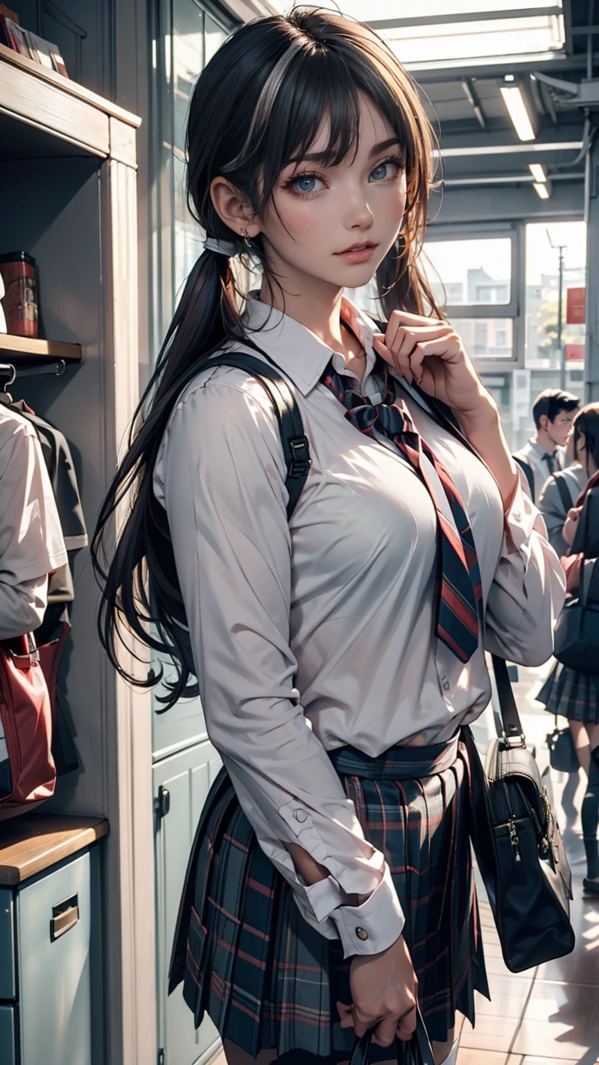 One person(24-years-old), Are standing, deadline_hideadlinex style, Home, school uniform, school bag, Twin tails, car, carrying bag、Silver Hair、Twin tails