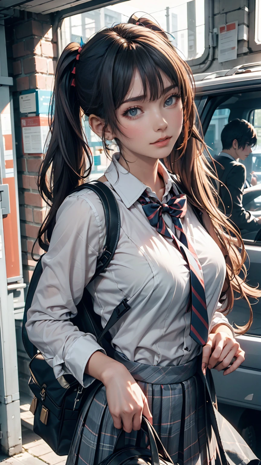 One person(24-years-old), Are standing, deadline_hideadlinex style, Home, school uniform, school bag, Twin tails, car, carrying bag、Silver Hair、Twin tails