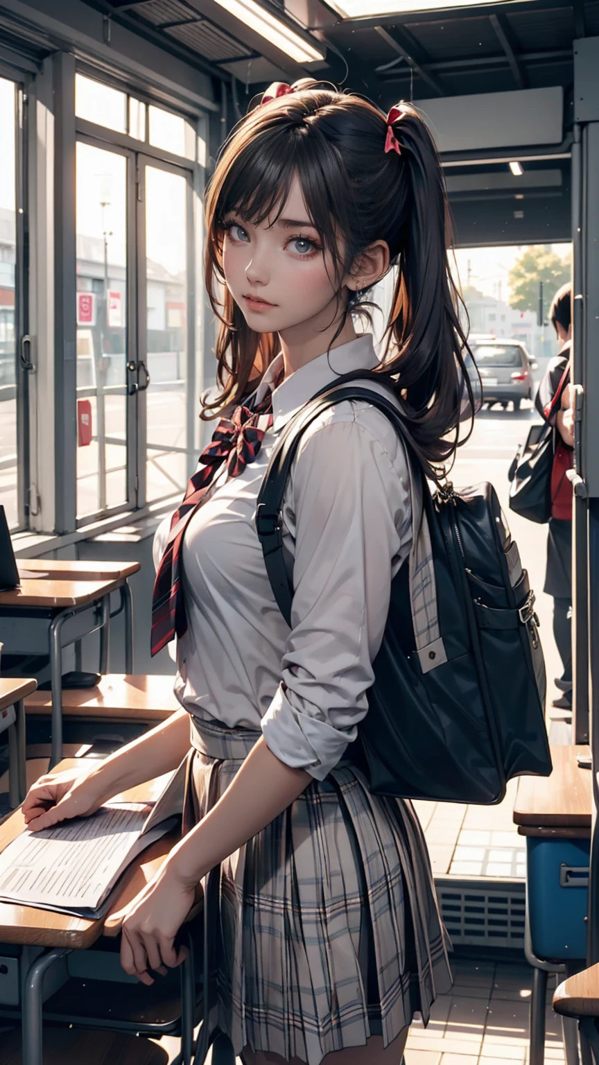 One person(24-years-old), Are standing, deadline_hideadlinex style, Home, school uniform, school bag, Twin tails, car, carrying bag、Silver Hair、Twin tails