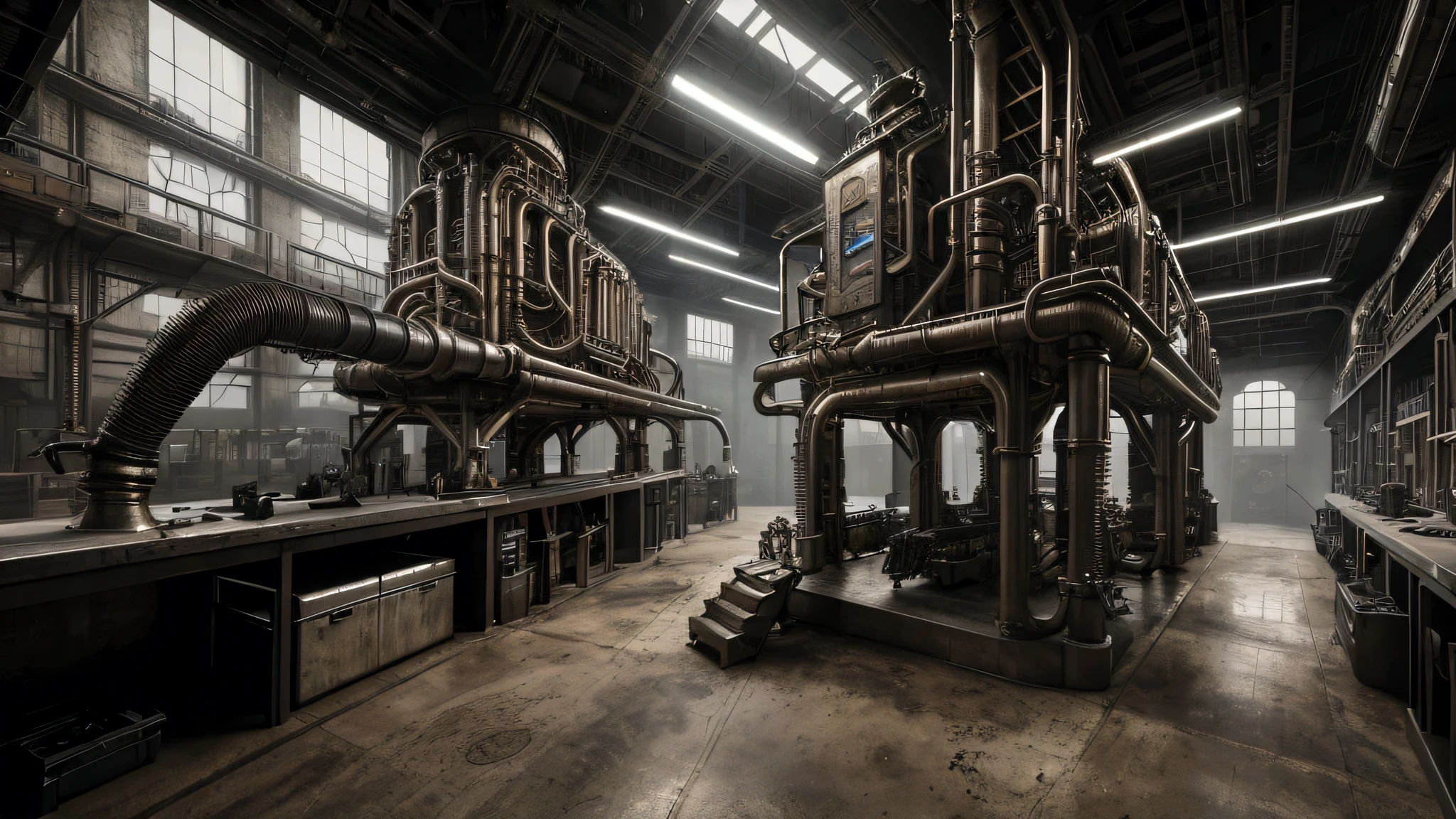 Hyper realism, high definition, masterpiece, complex structures, fine lines, precise details, volumetric light. a machine tool room in a dystopian factory by Giger and steampunk, very very complex details, 32k 