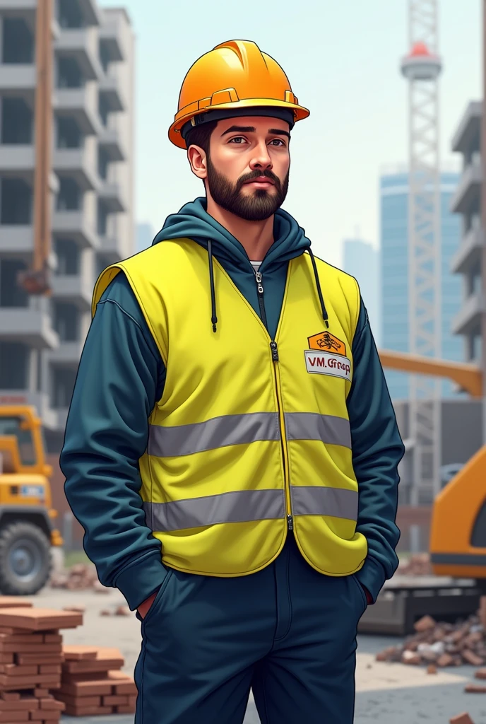 Architect wearing reflector and helmet written V.M. GROUP LIMITED