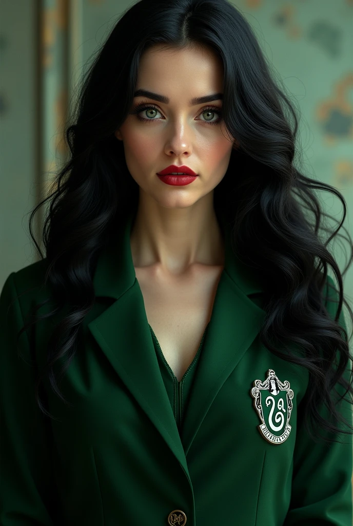 Beautiful young woman, porcelain skin, white skin, full red lips, (black, long, wavy hair) intimidating gray eyes, dressed in the Hogwarts Slytherin uniform *Drawing*