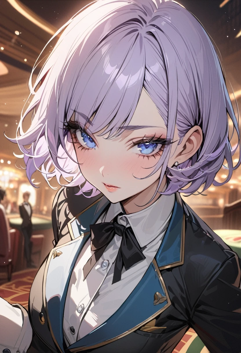 ((best quality)), ((Masterpiece)), (details), Young woman, alone, ( light purple hair, blue eyes, ((short hair)) , beautiful face, Beautiful skin, Long eyelashes, Thick eyelashes) , (Casino croupier),((Casino Uniform)),Tuxedo,vest,jacket,tie