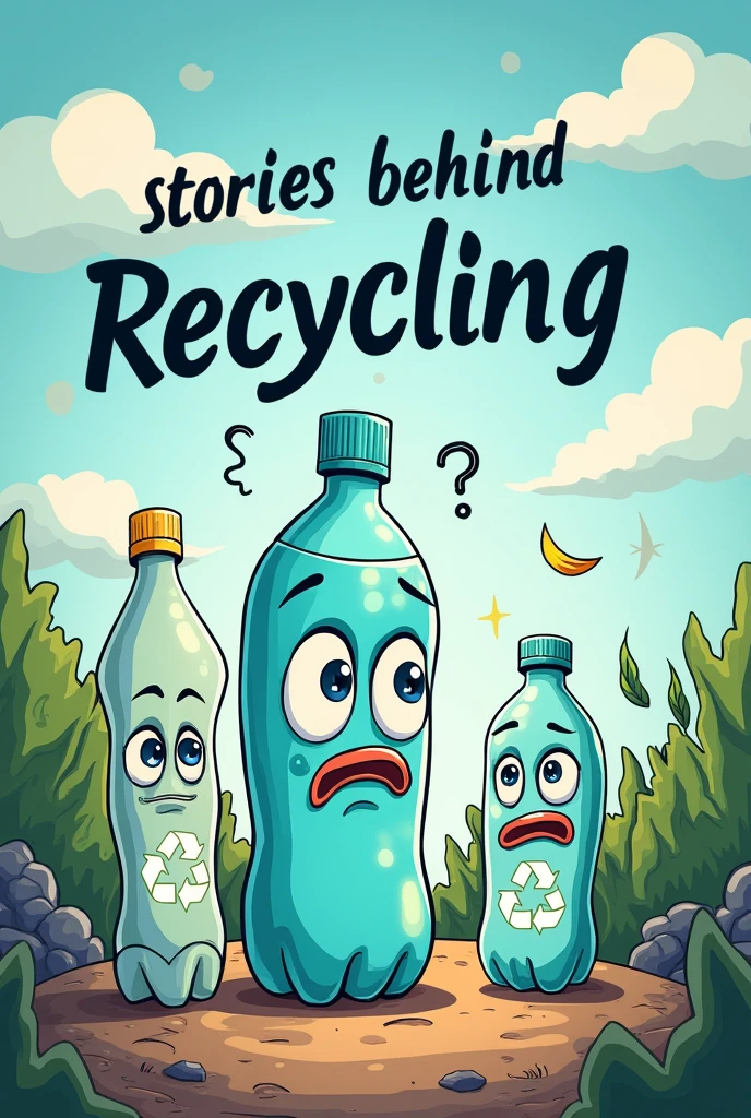 Hello, I want an image in 720 x 1280 resolution with the text "Stories behind recycling"
The image must say exactly "Stories behind recycling"
The image must have surprised and sad plastic bottles. It must also have recycling symbols. The image must be in cartoons.

