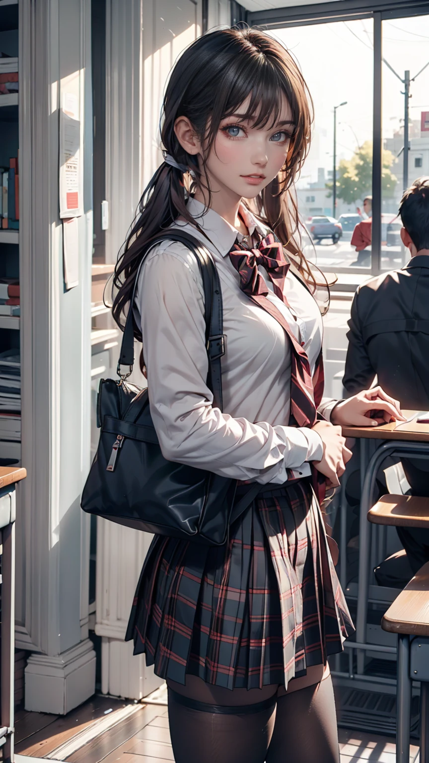 One person(24-years-old), Are standing, deadline_hideadlinex style, Home, school uniform, school bag, Twin tails, car, carrying bag、Silver Hair、Twin tails