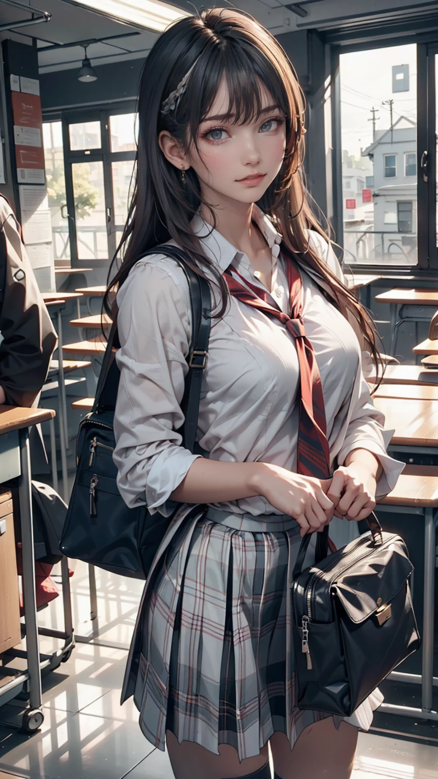 One person(24-years-old), Are standing, deadline_hideadlinex style, Home, school uniform, school bag, Twin tails, car, carrying bag、Silver Hair、Twin tails