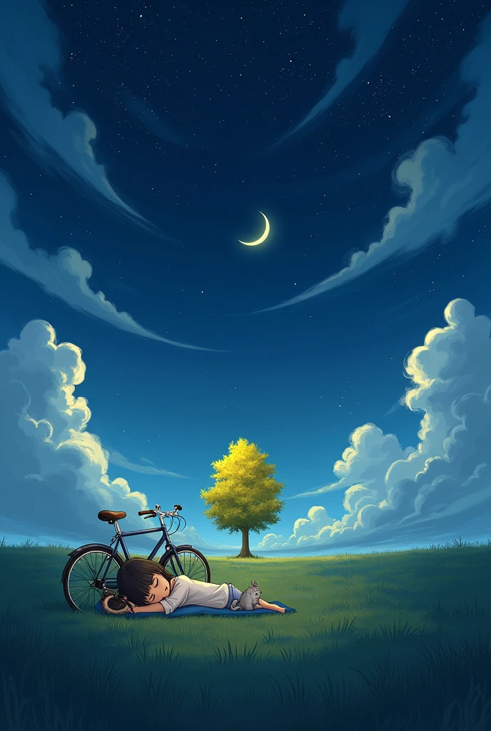 Blue sky with clouds.full of dark green grass middle one yellow tree..sky full stars and moon..one girl sleeping with bycycle and kitten for tree