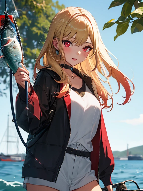 (Fishing:1.5), sea fishing, Kitagawa Marine, One girl, Blonde Hair, Long Hair, Multicolored Hair, Red eyes, jewelry, Earrings, Earrings, Black choker, uhd, retina, masterpiece, ccurate, anatomically correct, textured skin, super detail, high details, high quality, best quality, highres, 4K