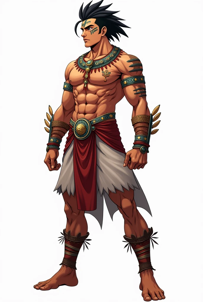 Young Aztec man character full body with white background in anime format