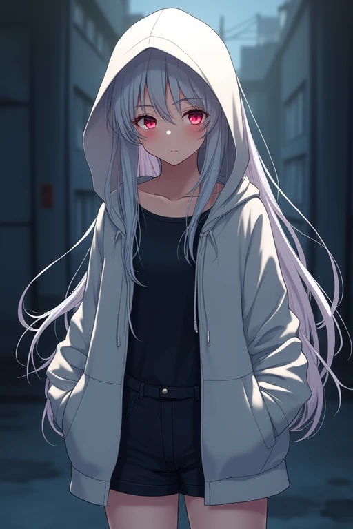 A shadowed image of a beautiful anime girl with long white hair, red eyes, wearing a white hoodie over a black shirt, black shorts, and black shoes.